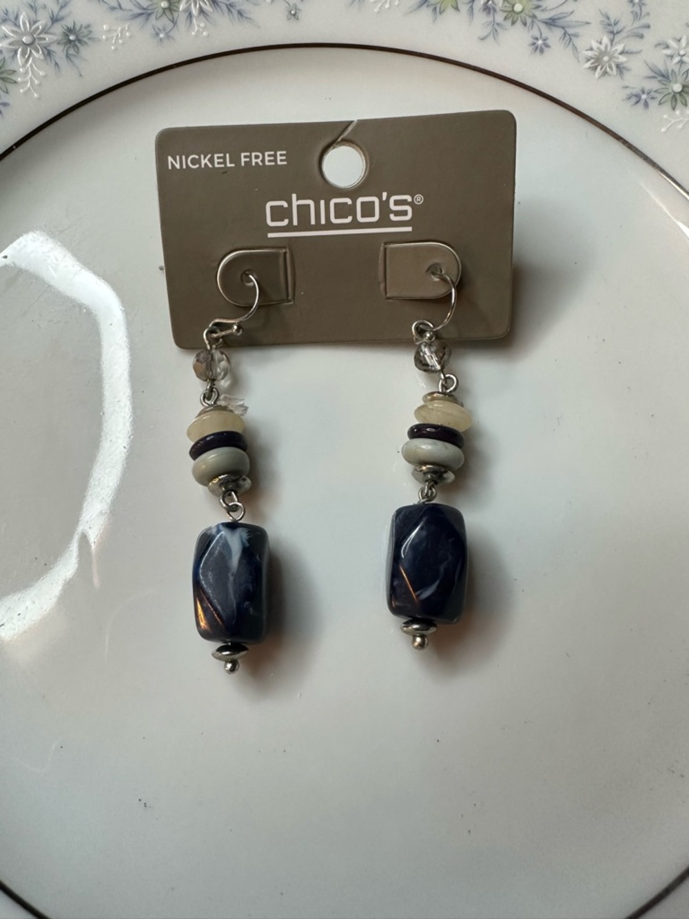 Chico's Navy and Cream Beaded Drop Earrings with Silver Hooks